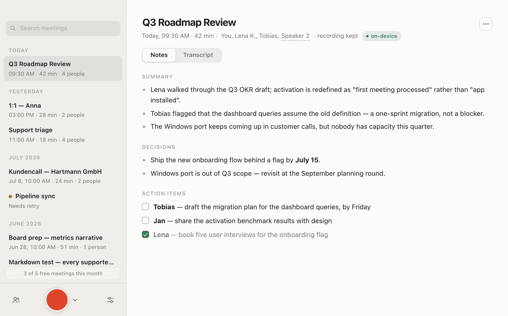The Abschrift library: a meeting list on the left, structured notes with summary, decisions, and action items on the right, marked with a green on-device badge.