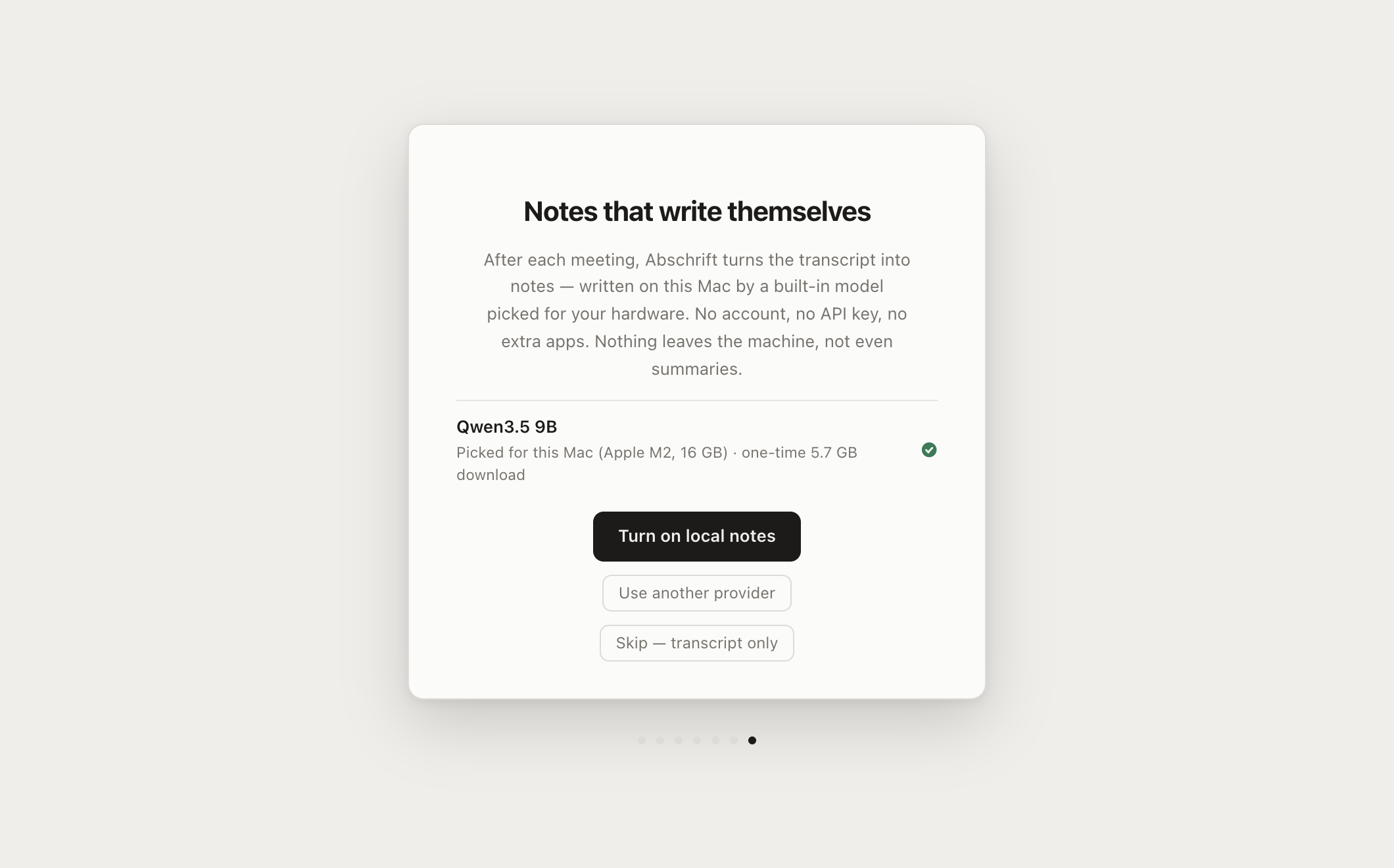 Onboarding's notes step: a model picked for this Mac's hardware with its one-time download size, and a single button to turn on local notes.