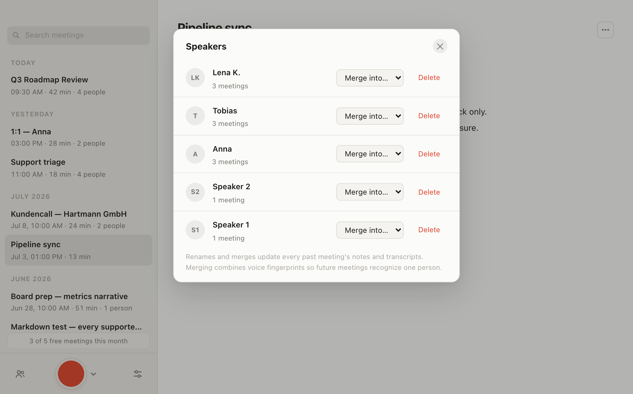 The speakers sheet: named voice profiles with meeting counts, rename fields, and merge controls.