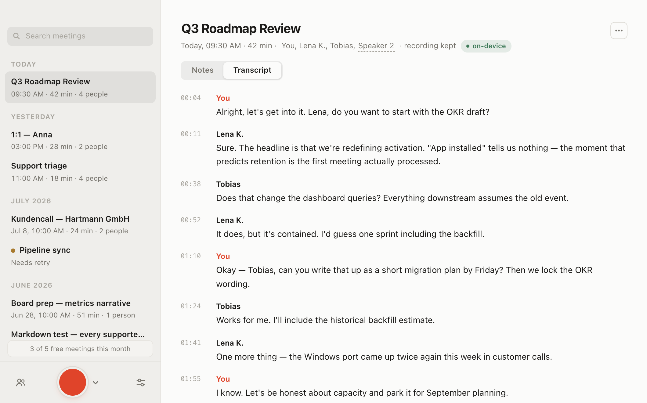 A speaker-labeled transcript with timestamps: You in red, named colleagues in black, word-for-word conversation.